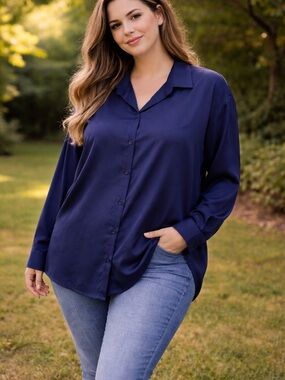 NFINITY Deep Navy Button-Front Relaxed Fit Shirt
